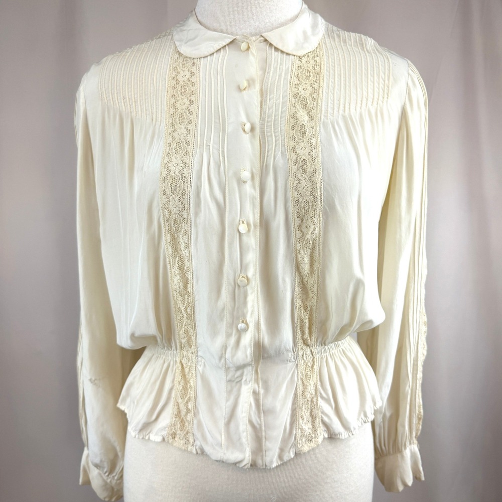 Vintage Womens|M|70s Edwardian Button Down Blouse Lace Prairie Coquette Boho